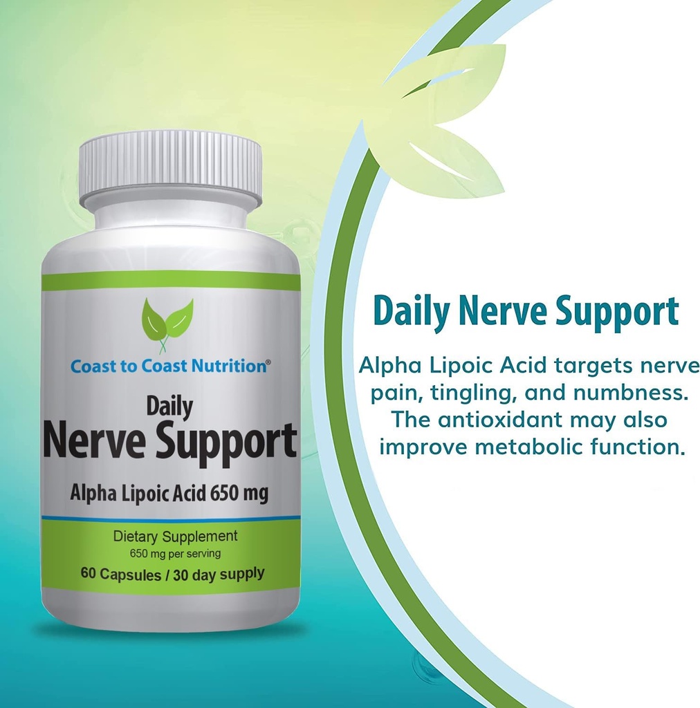 Nerve Support - Avancerad Nerve Relief med Alpha Lipoic Acid 650 mg - Nerve Vitaminer för Ease of Hands, Legs och Foot Aches - 60 kapslar / 30 Day Supply