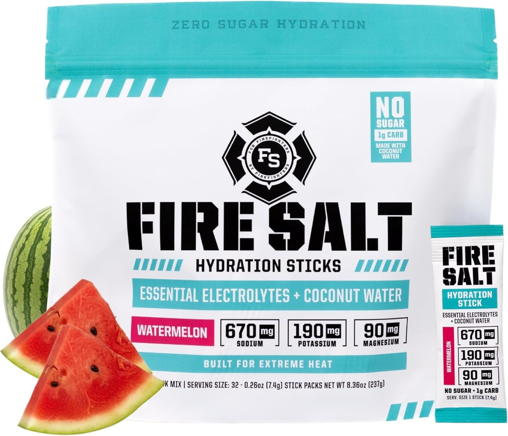 Fire Science Fire Salt hydrotion Sticks, Electrolytes & קוקוס מים, שתייה מרגיעה לערבב עם Magnesium, Potassium & Sodium, Zero Sugar, Single Serve on the Go Packs, Watermelon Flavor, 32 הרוזן