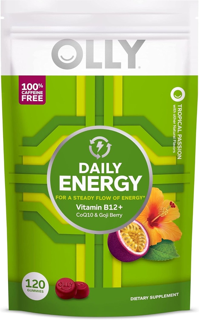 OLLY Daily Energy Gummy, Cafeine Free, 维生素B12, CoQ10, Goji Berry, 成人厨师补充品, 热带火焰 - 120 伯爵邮袋