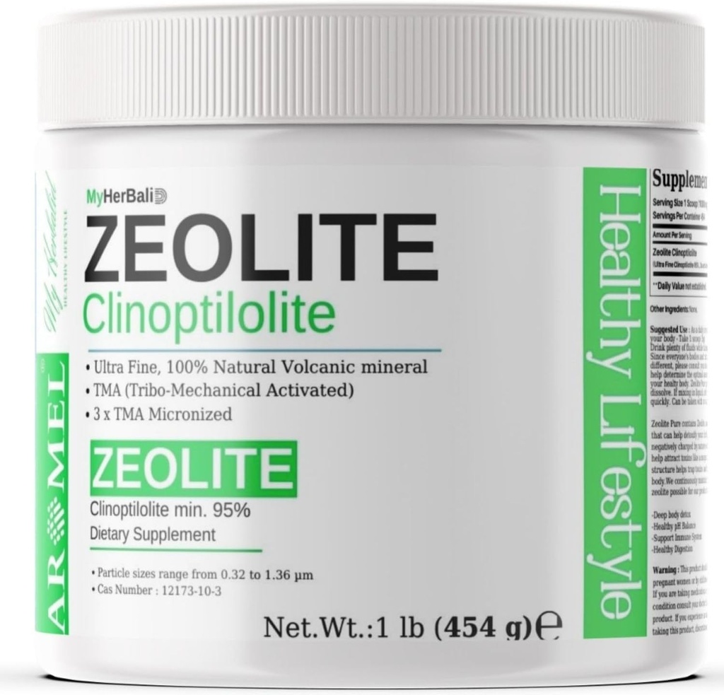 Zeolite Powder | 1 фунт - 454 г | Ultra FINE Less-Than 1 мкм | Clinoptilolite 95% | 3X Activated | Safe, Gentle, & Effective Energy | Original Zeolite Powder (454 сервировки) | Myherbalid