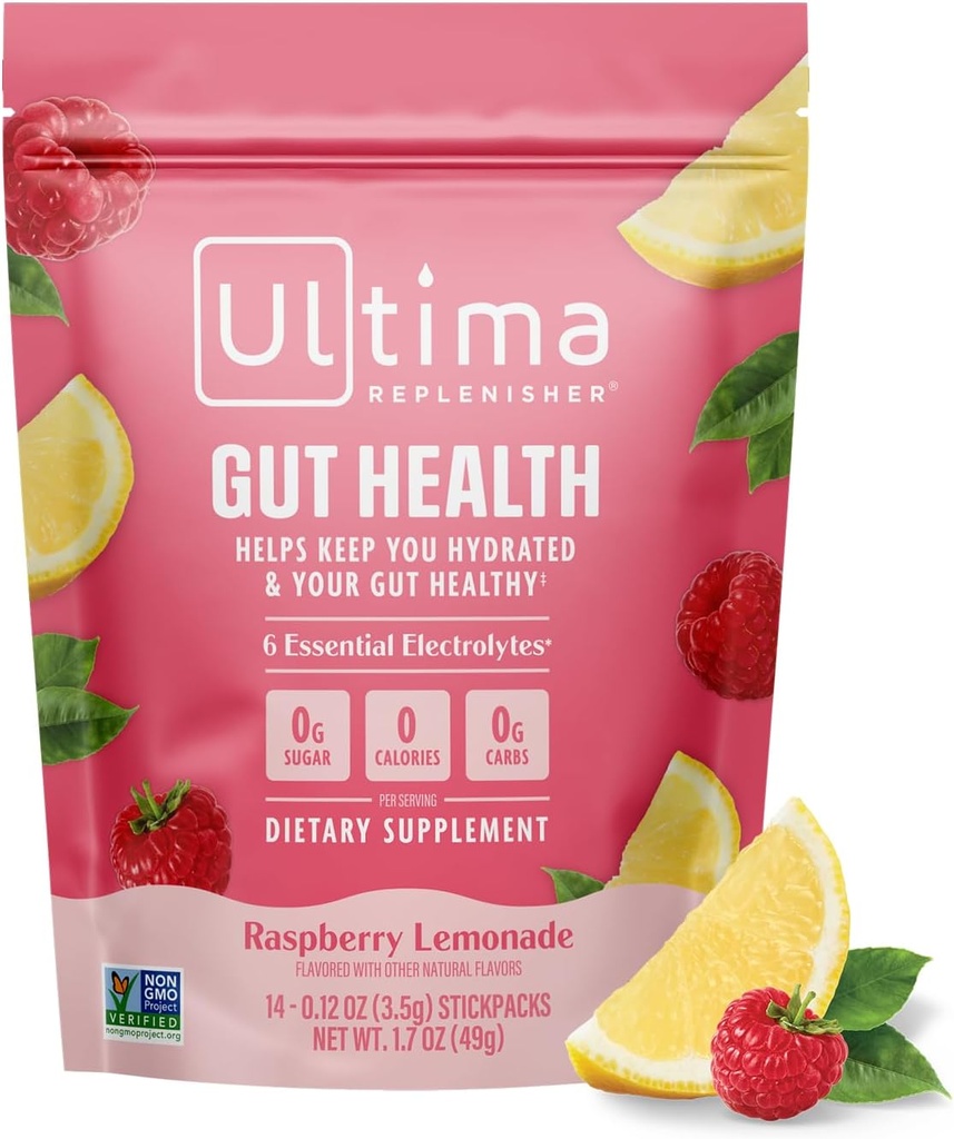 Ultima Replenisher Gut Supplement Health and Electrolytes Powder - Lemoniada malinowa, 14 Pakiety Stickpack - Pakiety nawadniające z dodatkiem Gut Health Benefits