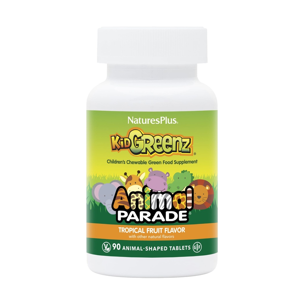 NaturesPlus Animal Parade KidGreenz, Tropical Fruit Flavor - 90 Animal-Shaped, Chewable Tablets - Vegetarian, Gluten Free - 90 Servings