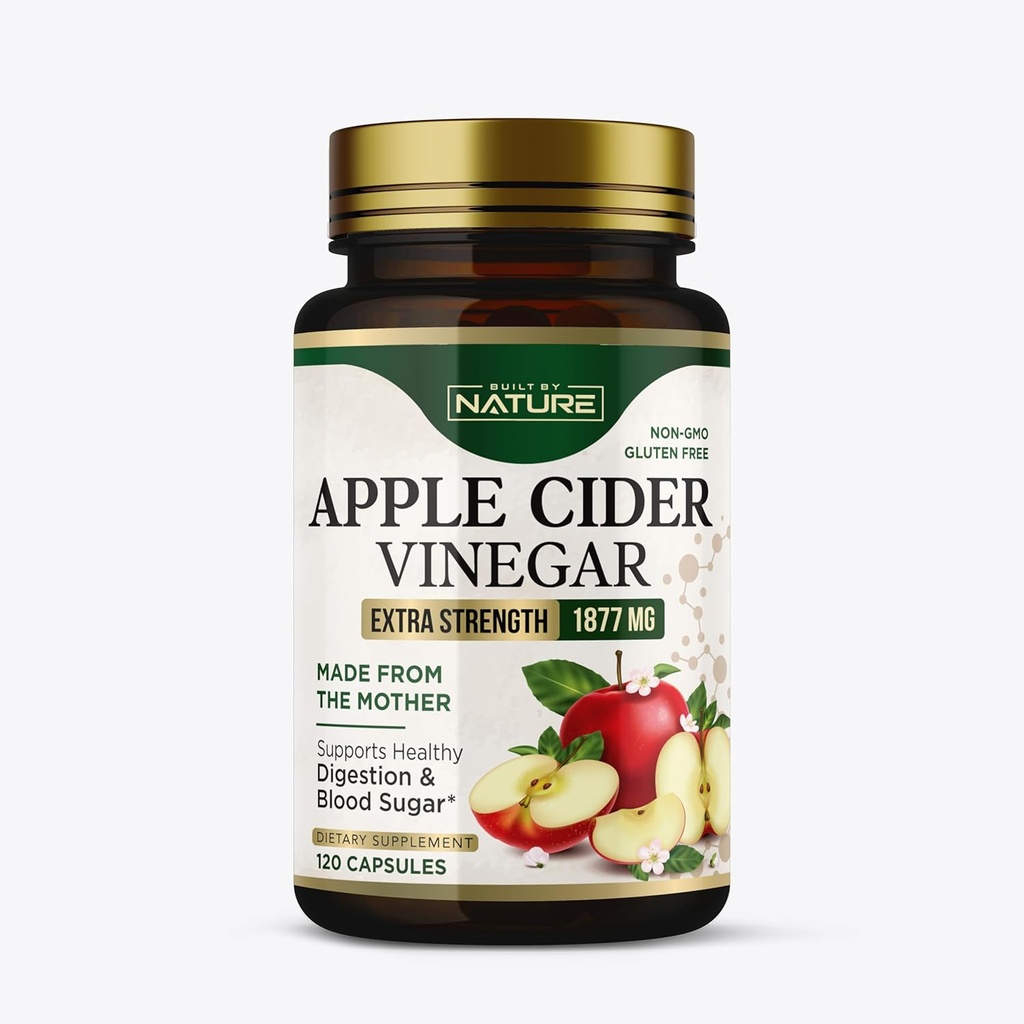Dibangun oleh Nature Apple Cider Capsules 1877mg dengan Vitamin D dan Zinc - Imune & Divalry Dukungan - ACV ACV ACV Tambahan untuk Pria dan Perempuan - 120 Pil