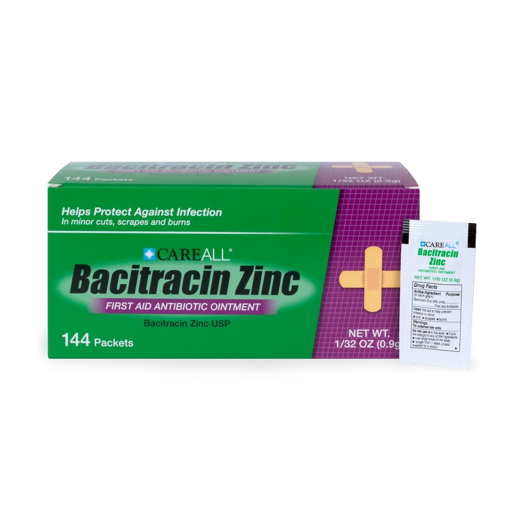 CareAll Bacitracin Antibiotic Zinc Ointment (144 Pack), 0.9gr Foil Packet. First Aid Ointment That Prevents Infections for Minor Cuts, Scrapes and Burns