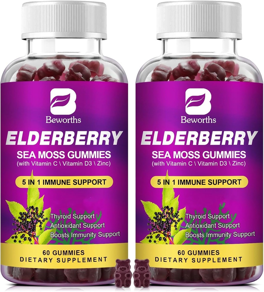 (2 Pack Elderberry Gummies & Irish Sea Moss, Organic Sambucus Elderberry Gummy with Seamoss, Zinc, Vitamin C, D3, Multivitamin Elderberry Vitamins - Sugar-Free