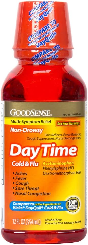 GoodSense Daytime Cold & Flu Multi-Symptom Relief, ne-zaspanost, učinkovito lajšanje vročine, boleče grlo, kašelj, Nazal Congestion, 12 Fl Oz