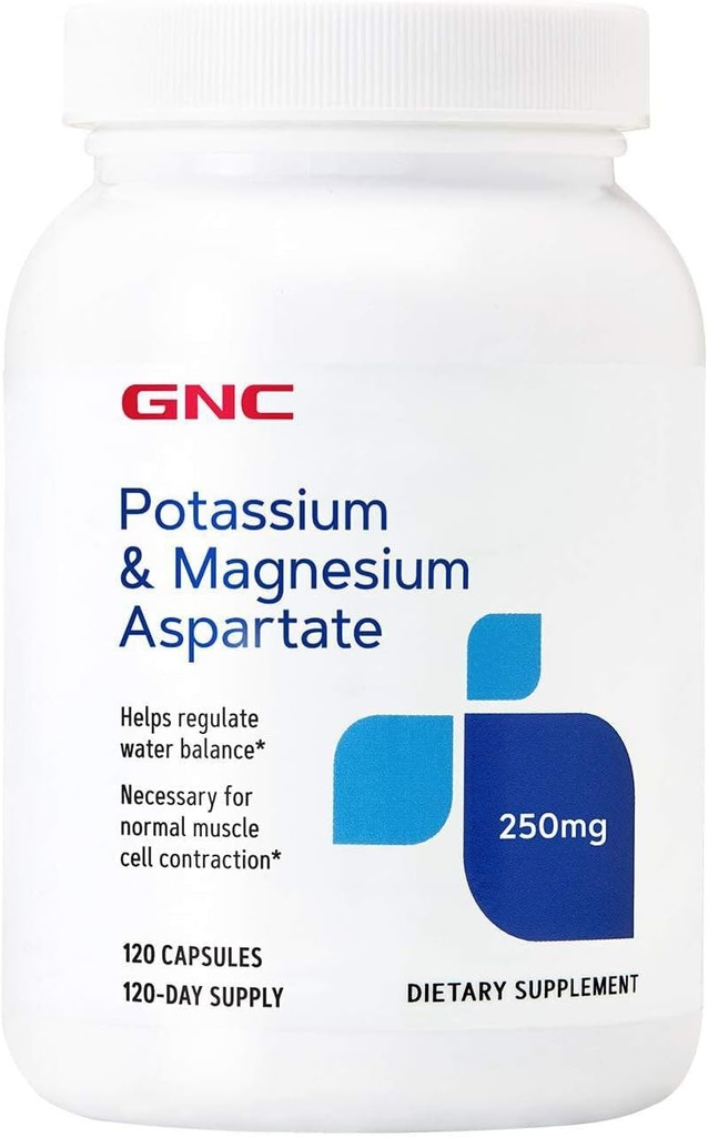 GNC Potassium et Magnésium Aspartate 250mg Supplément, aide à réguler l'équilibre de l'eau, 120 portions