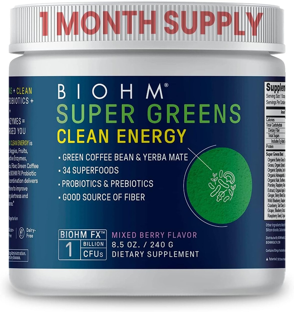 BIOHM Super Greens Clean Energy, Green Superfood Powder (8.5 Oz, 30 Portionen) unterstützt Gut Health & Cognition, 34 Natürliche Früchte, Gemüse und Kräuterextrakte mit Präbiotika, Probiotika & Enzyme