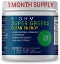 BIOHM Super Greens Clean Energy, Green Superfood Powder (8.5 Oz, 30 Servings) поддържа здравето на Gut & Cognition, 34 Natural Fruit, Зеленчукови и билкови екстракти с пребиотици, пробиотици и ензими