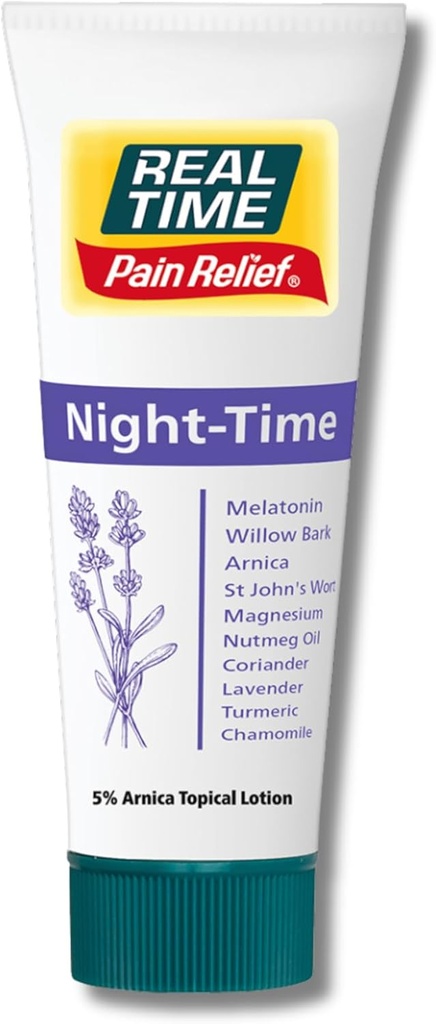 Real Time Pain Relief Night Time Cream 4oz Tube - 22 Natürliche Inhaltsstoffe: 5% Arnica, Melatonin & Lavender - Aids Sleep & Eases Discomfort in Gelenke, Muskeln, Nerves, Back Aches, Bruises & Body Tension