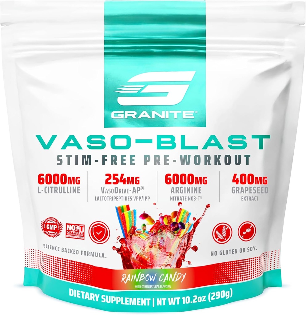 Granite doplňky Vaso Blast, Rainbow Candy Flavor, Stimulant- Free Pre Workout pro muže a ženy s Grapeseed Extract, Arginine Nitrit, & VasoDrive-AP pro Max čerpadla (20 Služeb)