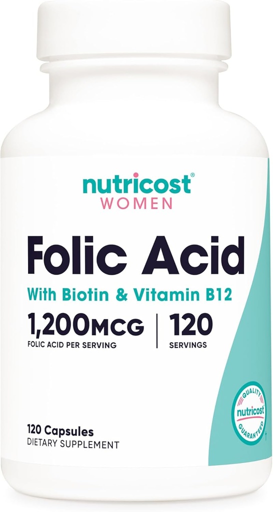 Kadınlar için Nutricost Folic Asit (Vitamin B9) 1200 mcg, 120 Capsules, B12 ve Biotin ile Veggie Caps, Non-GMO & Gluten Free
