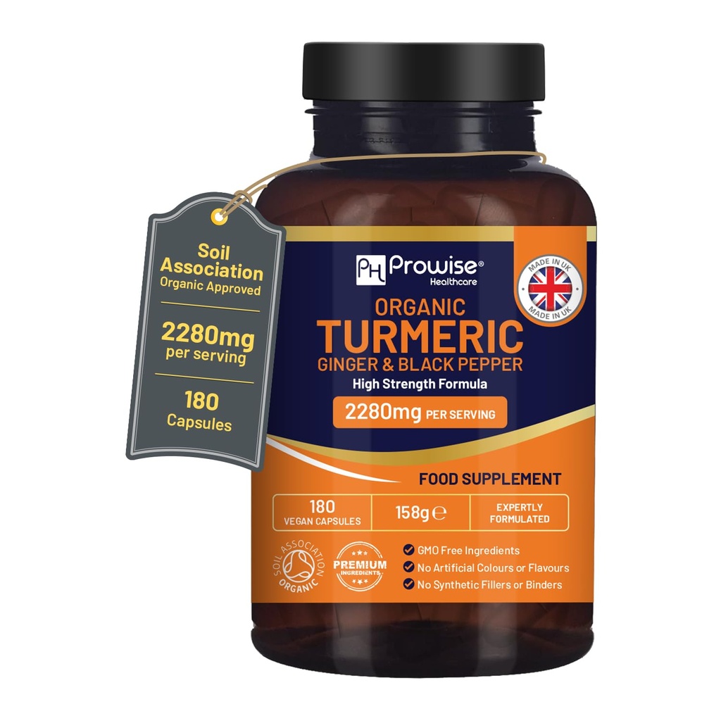 Turmeric 2280mg (High Strength) with Black Pepper & Ginger - 180 Vegan Turmeric Capsules with Active Ingredient Curcumin I UK Made by Prowise Healthcare