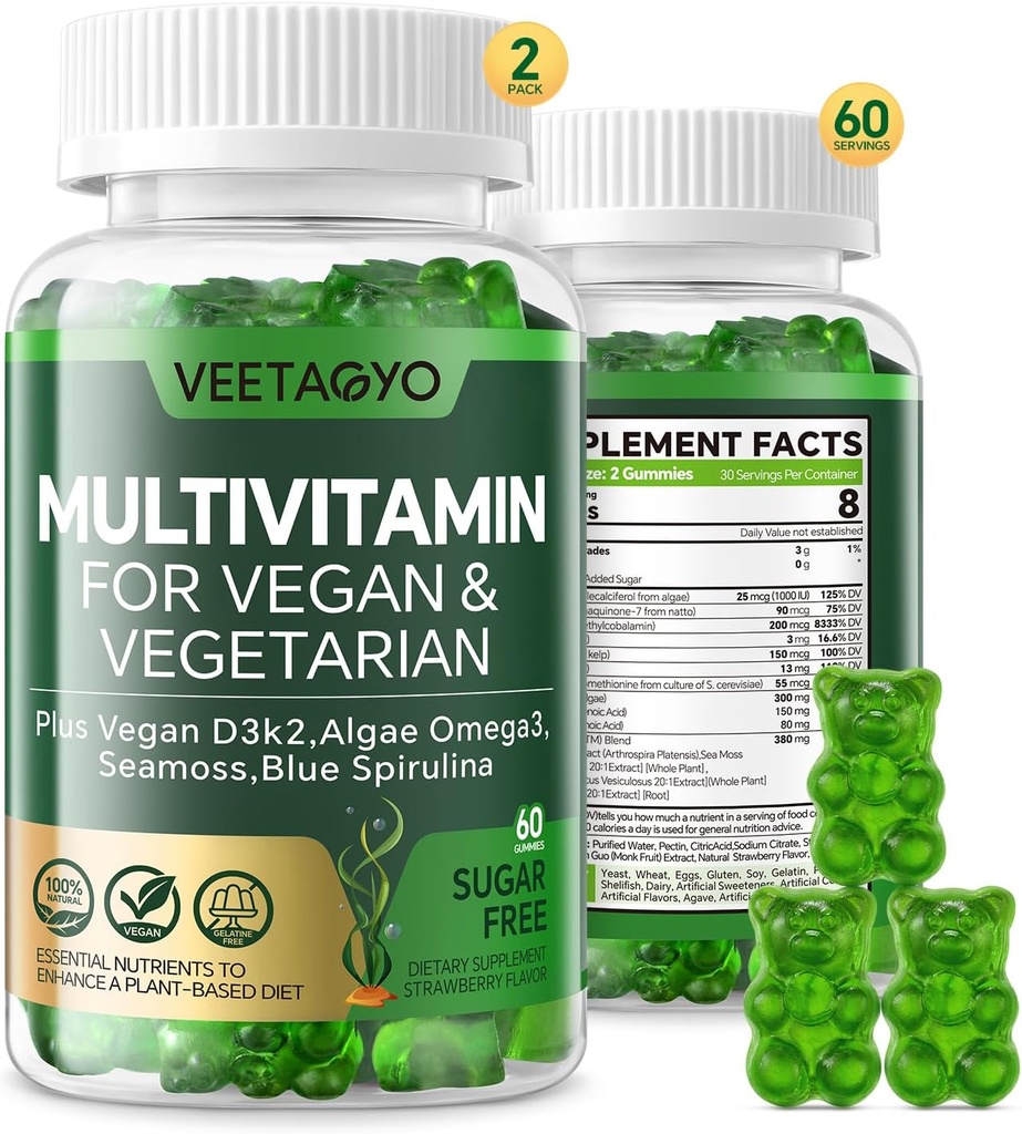 Vitamin D3 + K2-1000IU D3 90mcg K2 - Multivitamin for Vegetarian & Adults w/Algae Omega-3,Iron,Methyl B12,Seamoss,Iodine for for Bone,Muscle,Energy,Immunity Support- Sugar Free,Gluten-Free,120 Count