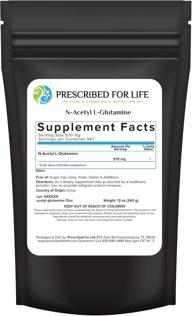 Prescrito para la vida N Acetyl L Glutamine Powder, Pure L Glutamine Amino Aminoácidos Suplemento (12oz / 340g)