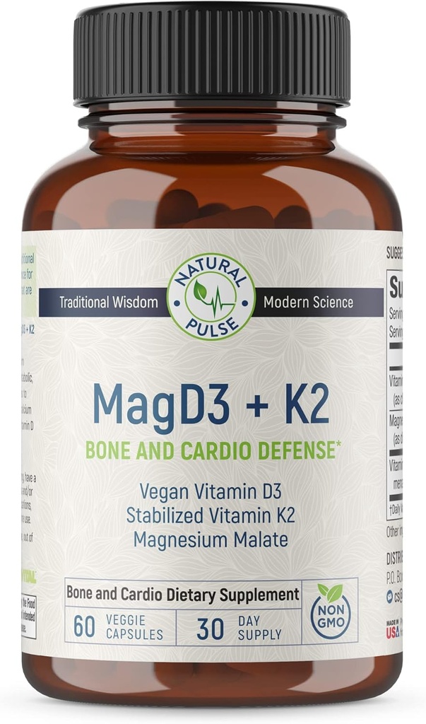 Magnesium Malat + Vegan Vitamin D3 + Stabilisert vitamin K2, Komplett støttetilskudd for cellulær energi, kardiovaskulær, immun og metabolsk helse og bein styrke, 90 Veggie Caps