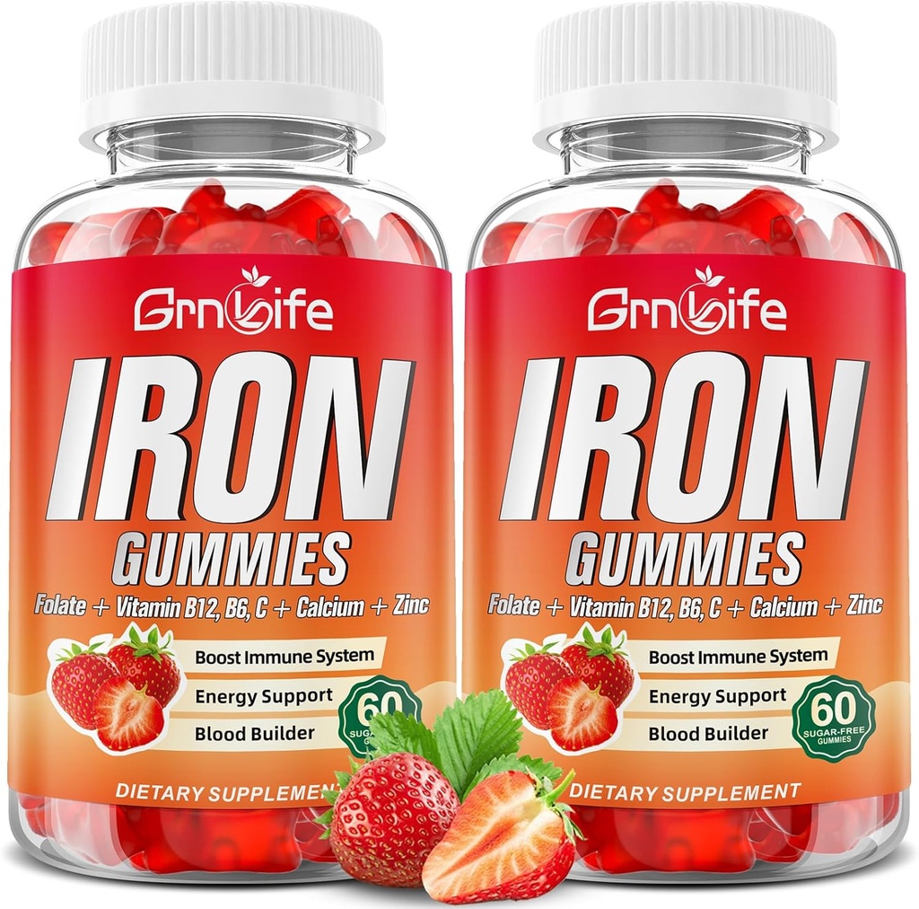 Gummies de ferro para mulleres, homes e nenos, Suplemento de ferro libre de azucre con calcio, zinc, Folate e vitamina B12, C, B6 - para o soporte de construción de sangue e enerxía, Anemia, Strawberry, 120 Conde