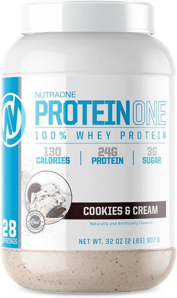 NutraOne ProteinOne Whey Protein-ek berreskuratzea eta Muscle eraikitzea Protein Shake hauts batekin Gizon eta Emakumeentzako (Cookieak eta Krema, 2 LB)