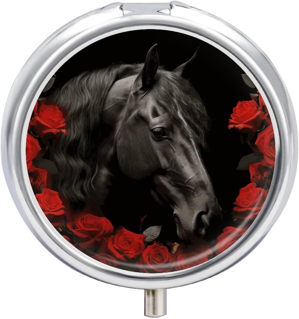 Black Horse on A Background of Red Roses Pill Case 3 Compartment Portable Pill Box Daily Round Pill Antolatzailea Pocket Purse Daily Medicine Edukiontzi Fish Oil Travel Gifts
