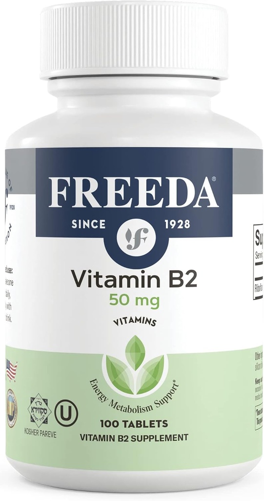 Freeda Vitamin B2 Riboflavin 50mg - Energi dan Dukungan Sistem Gugup - Kosher, Vegan, Gluten- Free B2 Tambahan untuk Otak & Metabolisme - (100 Ct)