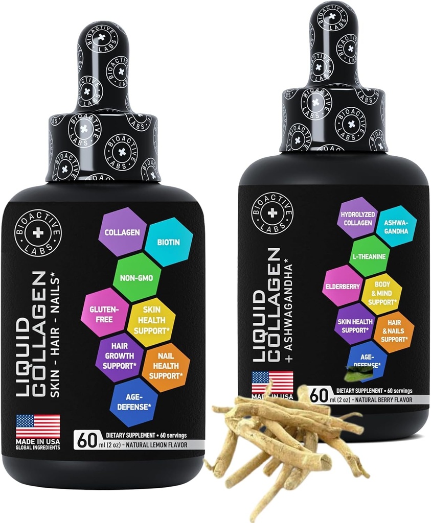Liquid Collagen with Biotin and Liquid Collagen with Ashwagandha Enhanced Collagen Bundle for Hair Growth, Skin Glow, Nails