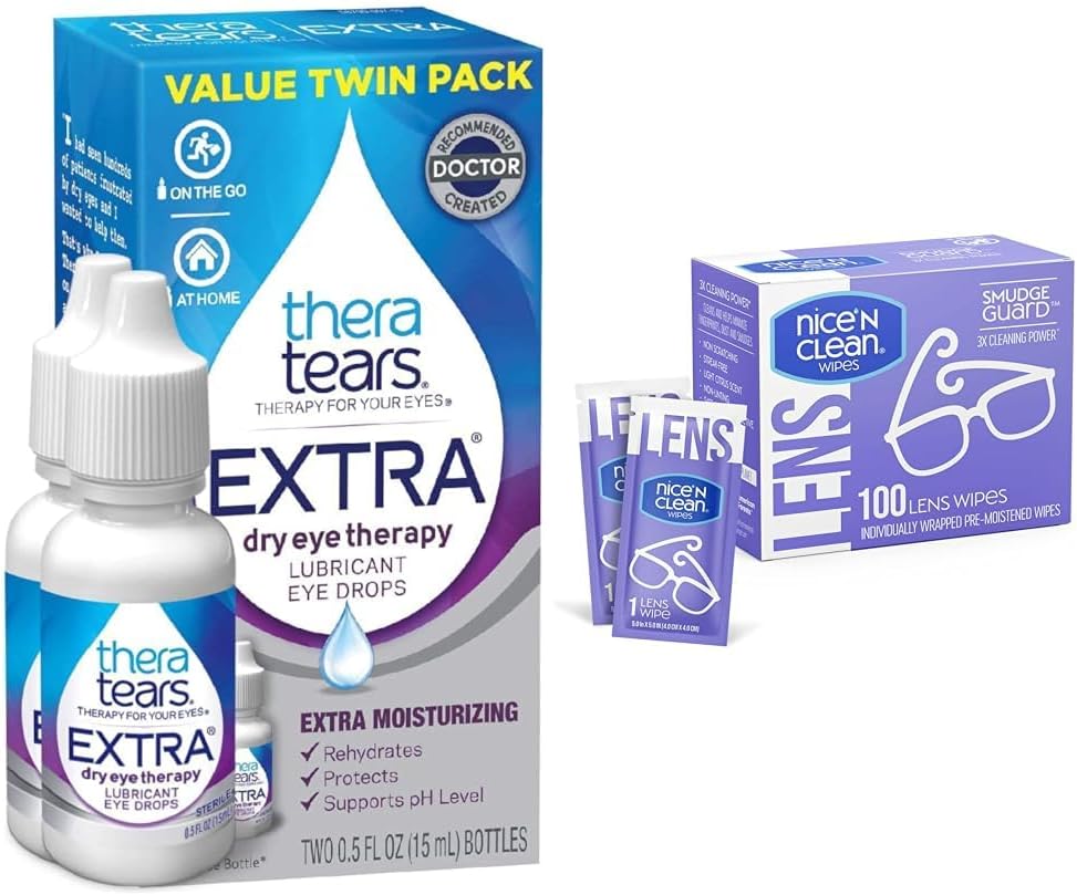 TheraTears Extra tørre øyedråper, 2 greve & Nice 'n Clean 100 SmudgeGuard Lens Wipes Bundle