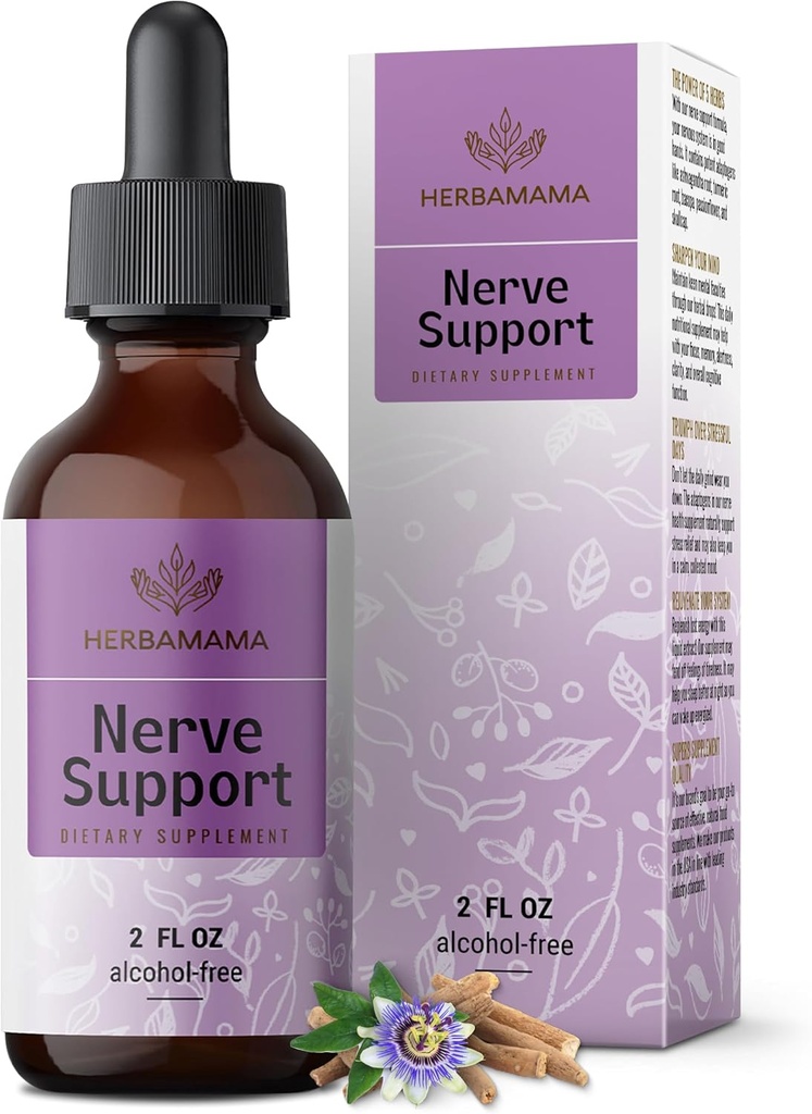 HERBAMAMA Nerve Support Supplement - Vegan nerve Support Formula met Ashwagandha & Bacopa Monnieri voor hersenen - Non-GMO, Alcohol & Sugar-Free Daily Calming Drops voor volwassenen, 28-dagen aanbod