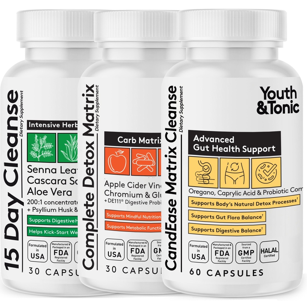 CandEase Matrix Pills & Colon Cleanser & Complete Detox Matrix Fast Kit Bundle 3pk | Caprylic Acid Oregano Protease & Cellulase Enzymes Laxatives ACV Chromium & 100 Bil CFU/g Digestive probiotics