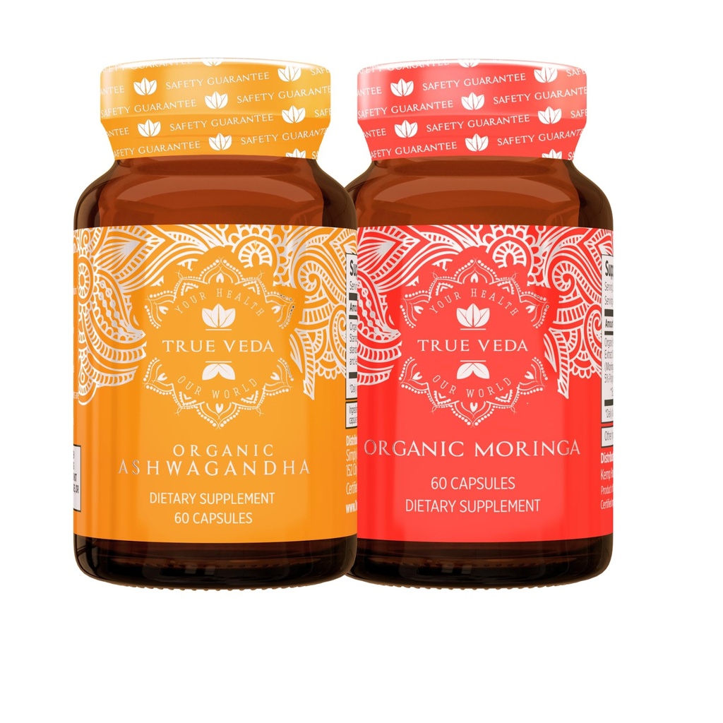 True Veda Energy Bundle | USDA Organic | Multi-Award-Winning | Organic Ashwagandha KSM-66® + Organic Moringa Capsules