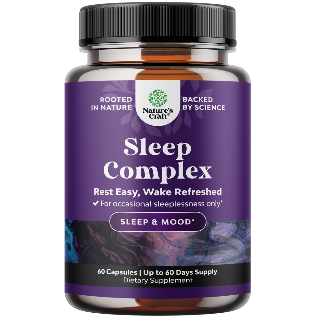 Natures Craft Natural Refreshing Sleep Formula - Supports Healthy Rest - Non Addictive Supplement - Magnesium L-Theanine GABA - Purest Herbal Ingredients - 60 Count