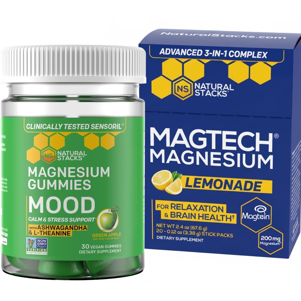 NATURAL STACKS Magtech Magnesium Drink Mix + Mood Magnesium Gummies Bundle - 4 Forms of Magnesium - Brain Health, Relaxation & Stress Support* - 35 Servings