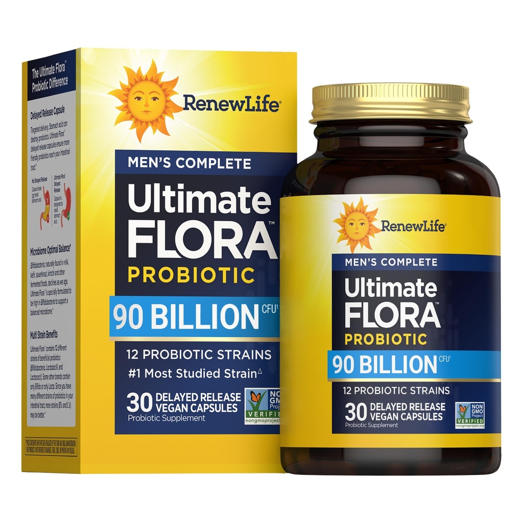 Renew Life Adult Probiotic - Ultimate Flora Men's Care Probiotic Supplement - Gluten, Dairy & Soy Free - 90 Billion CFU - 30 Vegetarian Capsules