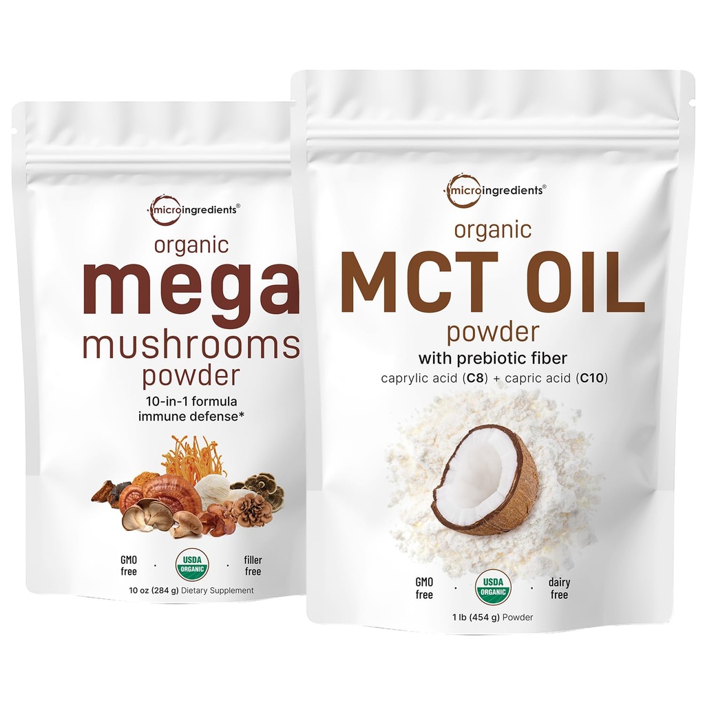 Micro Ingredients Organic Mega Mushroom Powder 10oz & Organic MCT Oil Powder 1lb Bundle 2 Pack | 10 in 1 Mushroom Complex | C8 MCT Oil, Plant Based Creamer