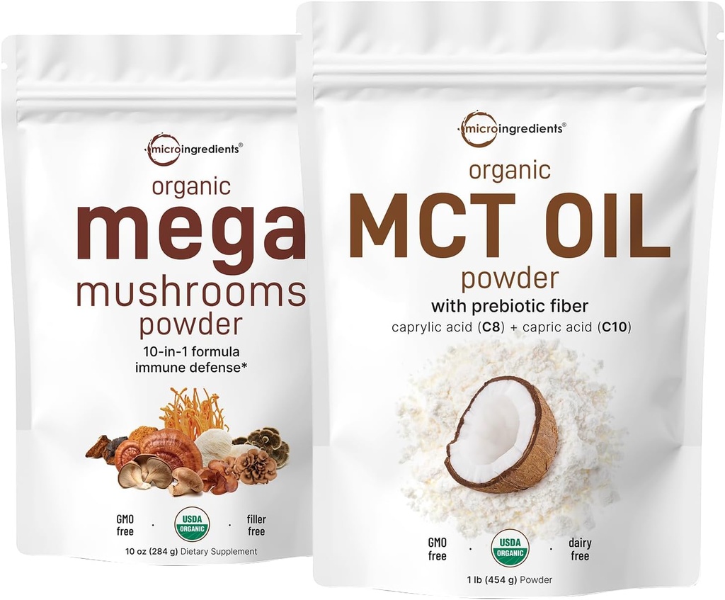 Mikro Malzemeler Organik Mega Mushroom Toz 10oz & Organik MCT Petrol Toz 1lb Sche 2 Pack | 10 in 1 Mushroom Kompleks | C8 MCT Petrol, Bitki bazlı kremer