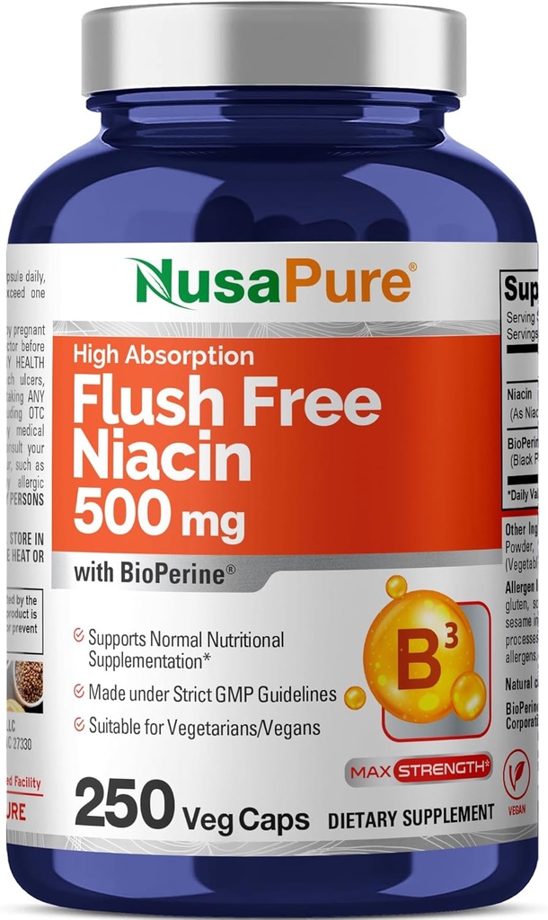 NusaPure Flush Free Niacin 500mg 250 txano (Vegan, Ez-GMO eta Vegan) Bioperine