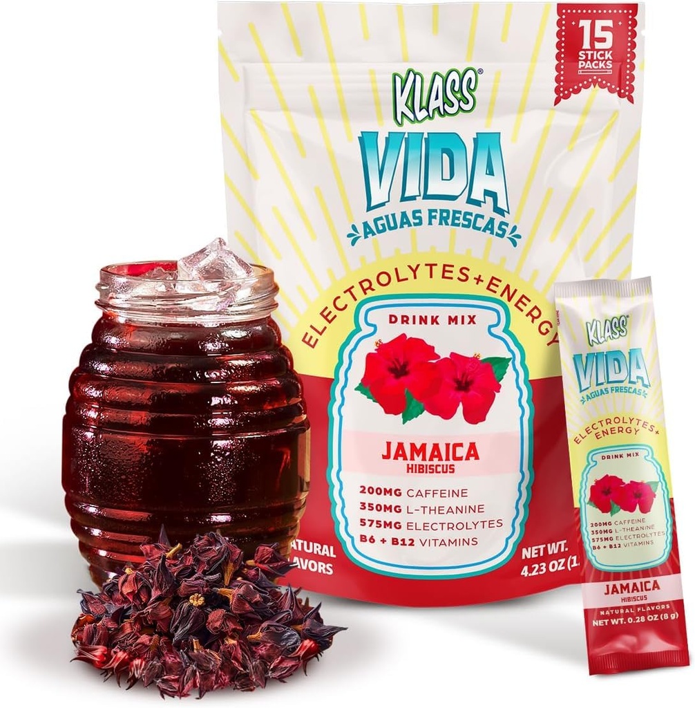 KLASS VIDA Energy + Hydration Hibiscus Agua Fresca Electrolyte Powder Packets | Sugar Free Electrolyte Drink Mix | Hydration Packets with Caffeine, L-Theanine & Coconut Water | 15 Stick Packs
