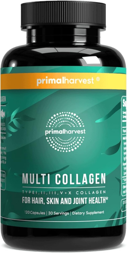 Първична реколта Multi Collagen Хапчета за жени и мъже (тип I, II, III, V, X) 120 капсули w/Vitamin C за коса, кожа, нокти