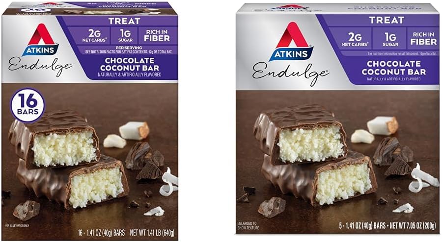 Atkins Endulge Chocolate Coconut Bar 16 Count & 5 Count Bundles, Sobremesa Favorito com chocolate e sabores de coco, Alta em fibra, 1g de açúcar por servir