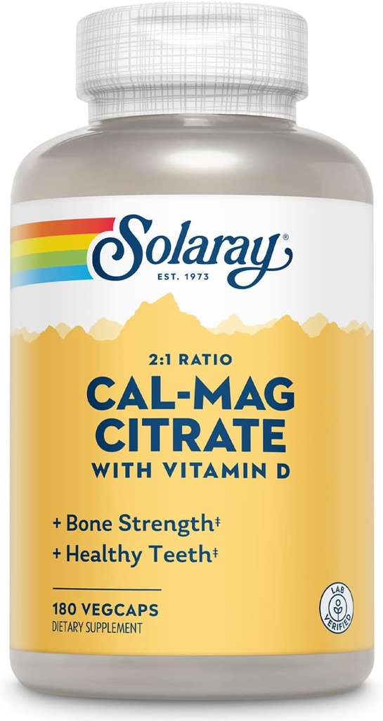 SOLARAY Calcium & Magnesio Citrato 2:1 Ratio w/Vitamin D-3, Bones sano, Muscolo e supporto di sistema nervoso, ad alto assorbimento 180 capsule