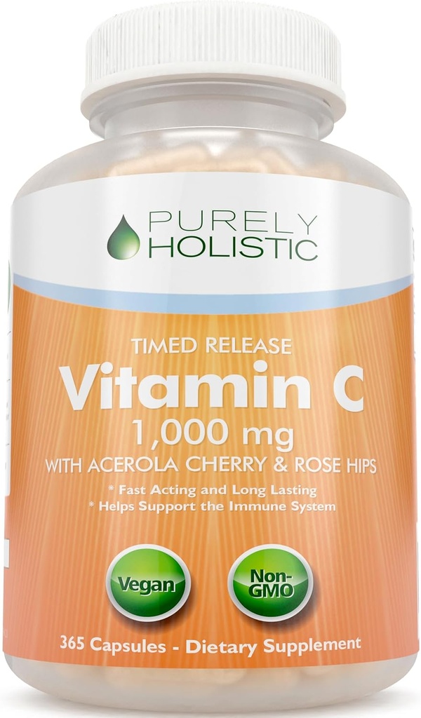 Tinh khiết hóa vitamin C 1000mg, 365 Capsules, 12 tháng cung cấp, 2 Giai đoạn thời gian phát hành với axit Ascorbic, Rosehip & Acerola Cherry Bioflavalonoid, Immune System Sup, Vegan