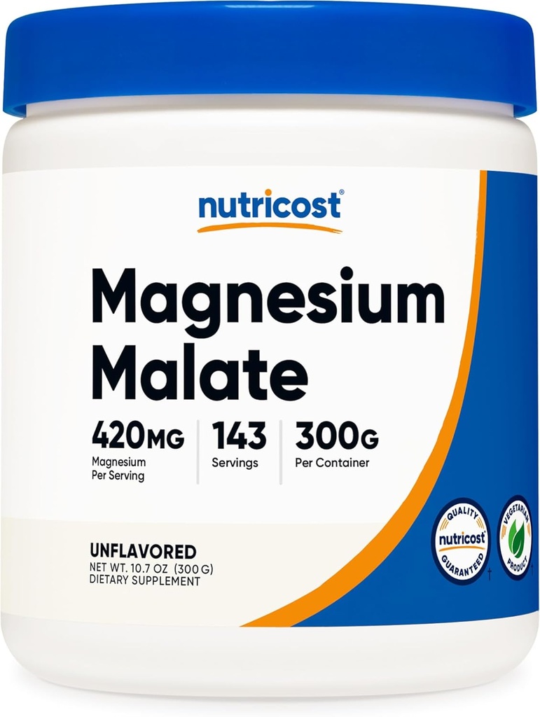 Nutricost Magnija malāta pulveris (300g) - 420mg magnija per apkalpo - ne-GMO, bez lipekļa