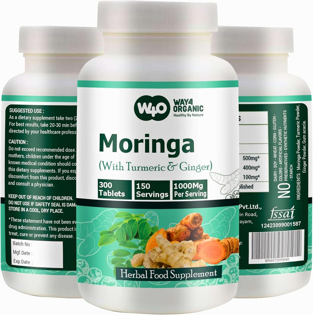 Tablets Moringa con Turmeric e Ginger, 300 pílulas, 5 meses de subministración, 150 Servindo, 1000 Mg por servizo. Unha capa con múltiples beneficios - soporta a saúde Digestiva (Pack of 1)