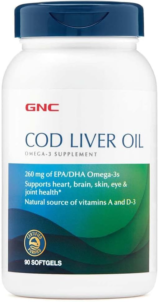 GNC Cod Liver Oil Omega 3 täydentää, 260mg EPA ja DHA, tukee sydän, aivot, iho, silmät ja yhteinen terveys, 90 Softgels