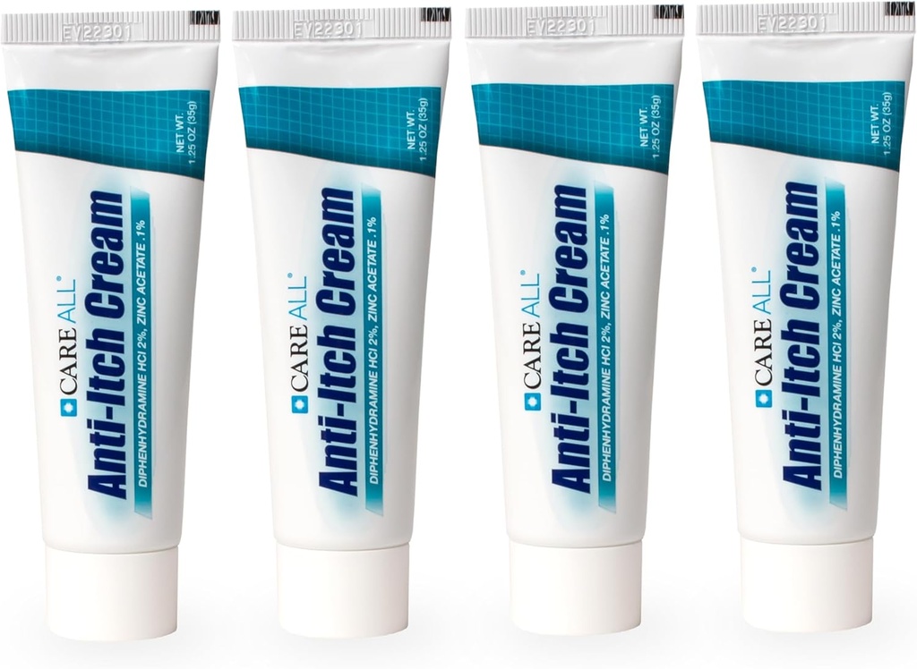 Careall Anti-Itch Cream 1.25oz(4 Pack) Histamine 阻塞,二苯胺HCI 2% 主题性止痛剂和锌乙酸酯 0.1% 皮肤暂时疼痛防护剂和减轻室外常见痒症