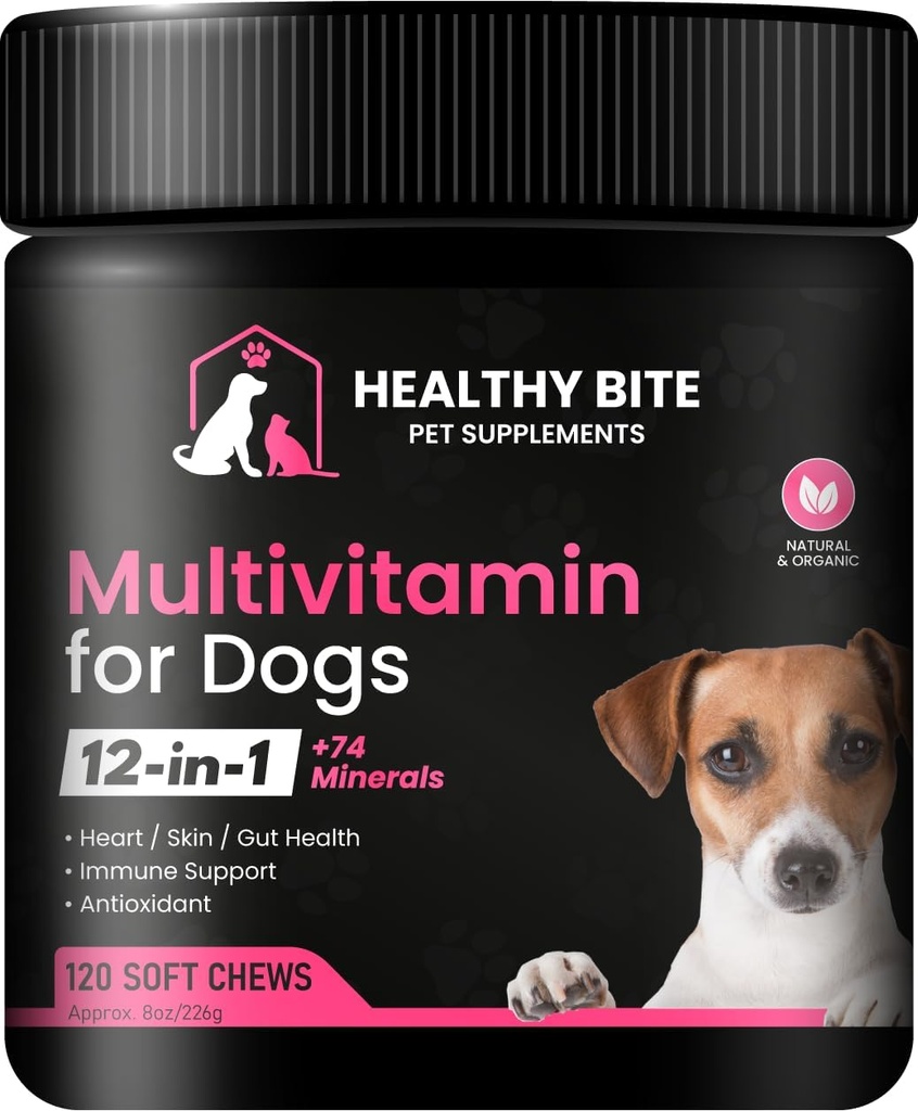 בריאות Bite 12 ב 1 Multivitamin לכלבים - עור ותוספת, תמיכה החיסון, ויטמינים פט, Calcium לכלבים המיוצרים בארה"ב - 120 Count