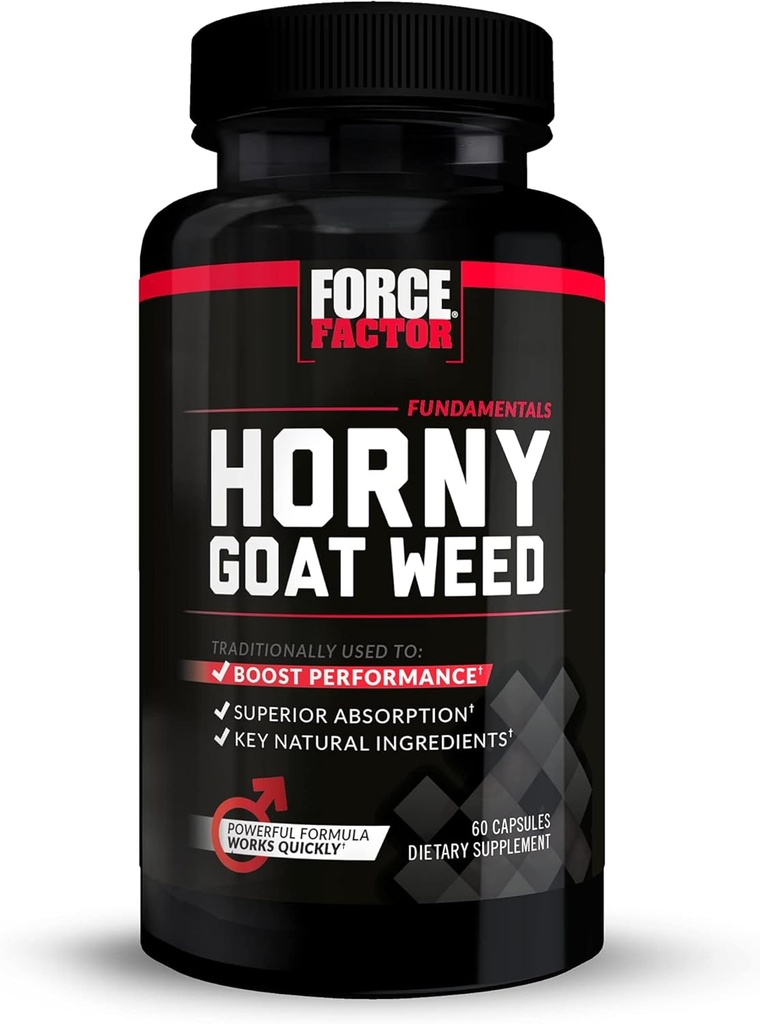 Force Factor Horny Goat Weed pour les hommes, Natural Male Drive et supplément de vitalité avec des ingrédients naturels pour l'absorption supérieure, Série fondamentale, 750mg, 60 Capsules