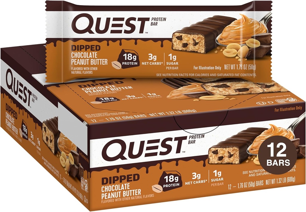 Quest Nutrition Dipped Chocolate Peanut Butter Protein Bares, 18g Protein, 1g Sugar, 3g Net Carbs, Gluten Free, 12 Condes