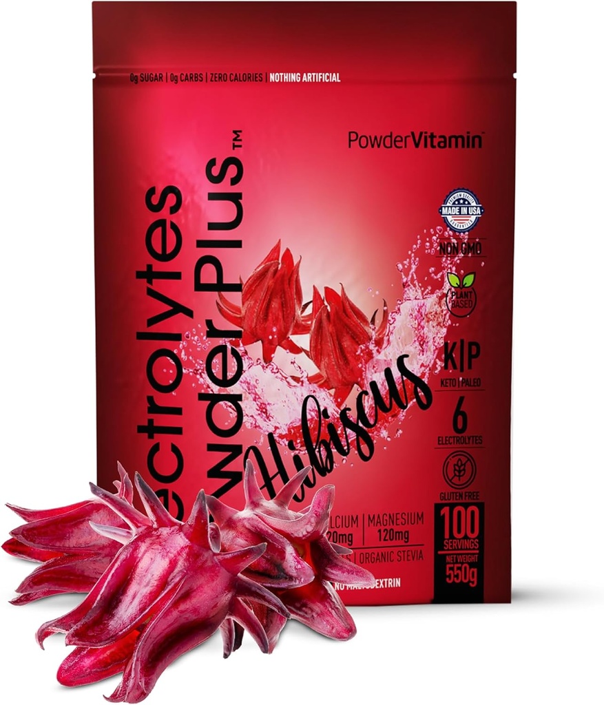 PowderVitamin Electrolytes Powder Plus (100 인분) Hibiscus Electrolyte Powder Zero Calorie Keto,0 Sugar, No Maltodextrin, 1000mg 칼륨, 120mg 칼슘, 120mg 마그네슘, 하이드로 션 파우더