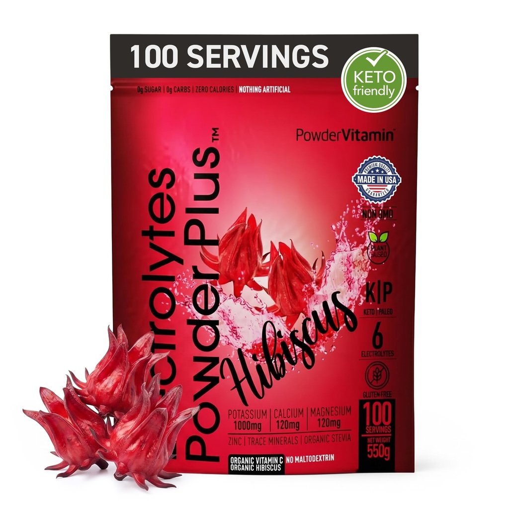 PowderVitamin Electrolytes Powder Plus, Sugar Free Hydration Powder 1000mg Potassium, 120mg Magnesium, 120mg Calcium, Himalayan Salt, Vitamin C & Zinc, USA Made, 550g, 100 Servings, Hibiscus Flavor