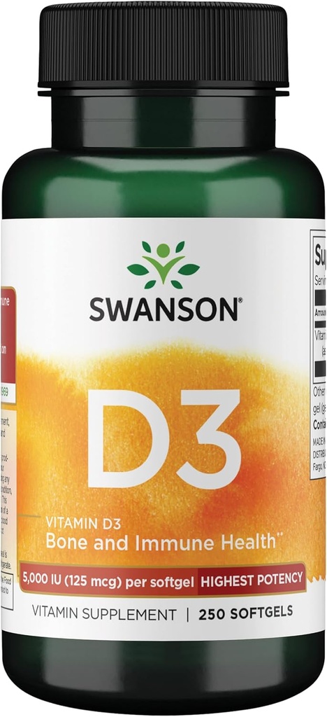 Swanson Vitamin D-3 5000 IU Imunitní podpora zdraví kostí Zdravá funkce svalů D3 dodatek (cholecalciferol) 125 mcg 250 Softgels Počet